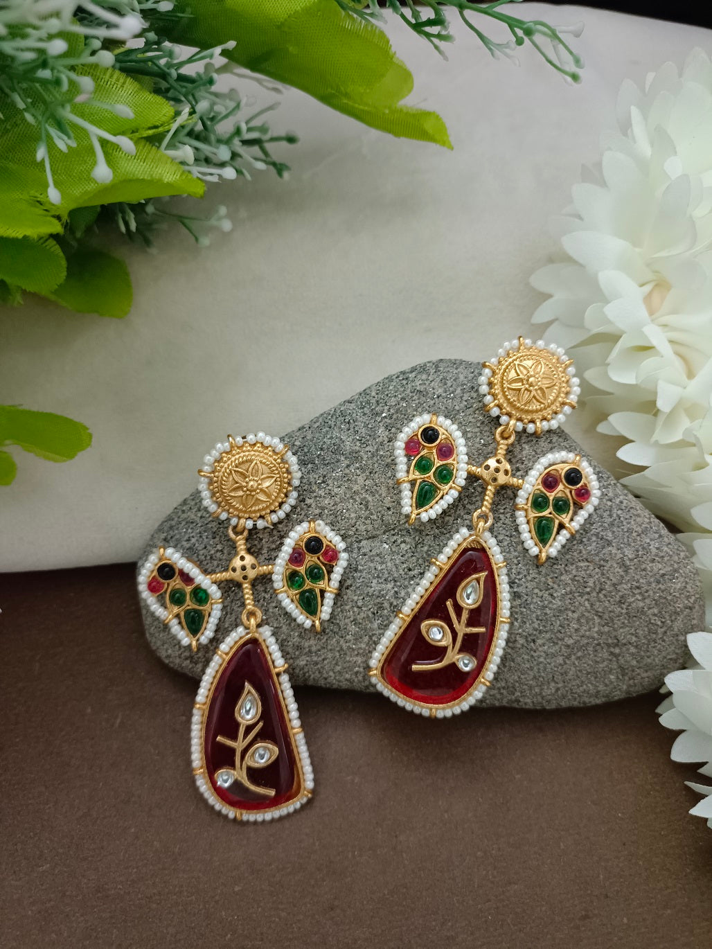 Red & Gold Brass-Plated Kundan Teardrop Statement Earrings
