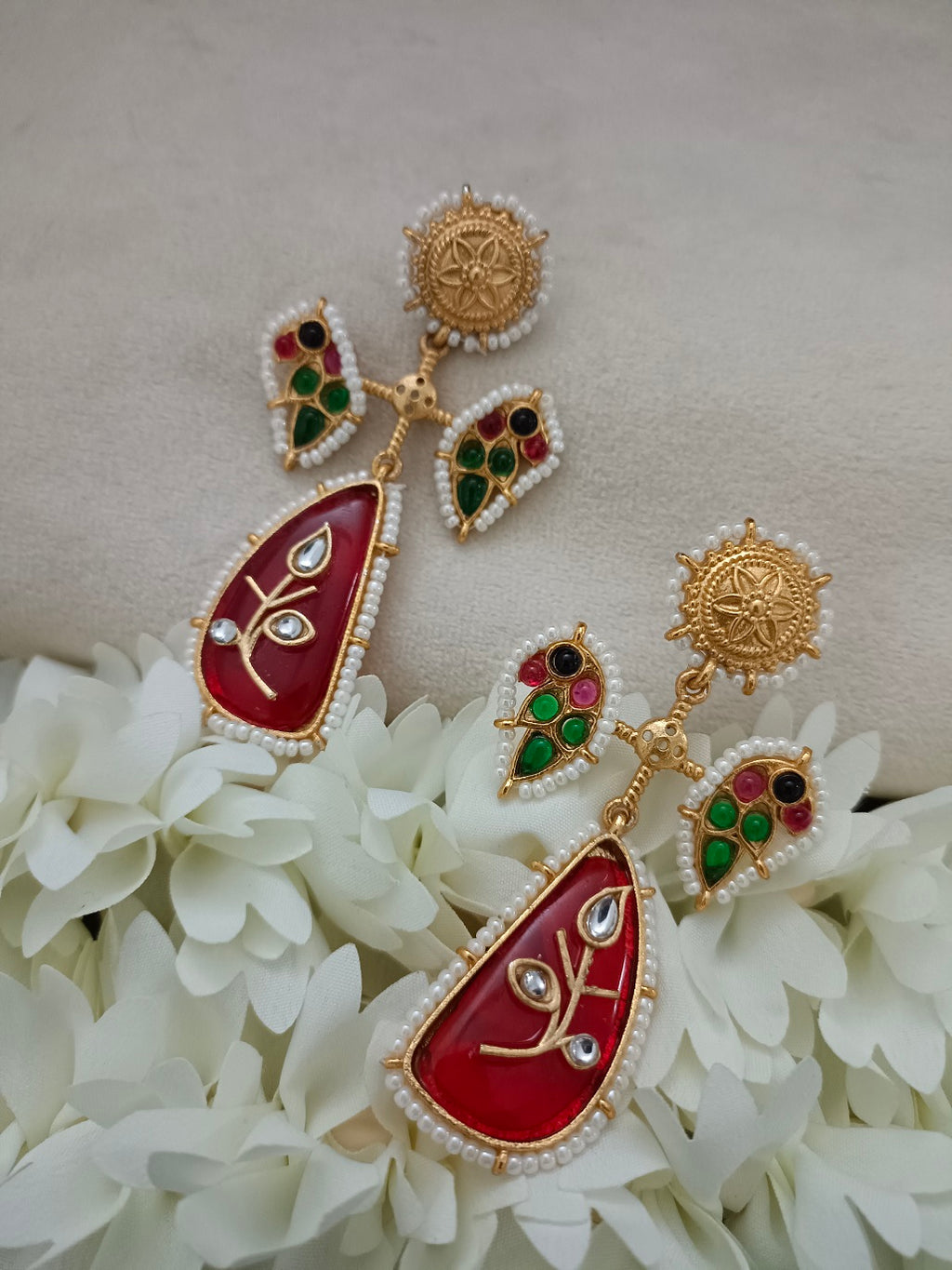 Red & Gold Brass-Plated Kundan Teardrop Statement Earrings