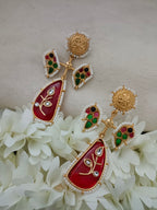 Red & Gold Brass-Plated Kundan Teardrop Statement Earrings