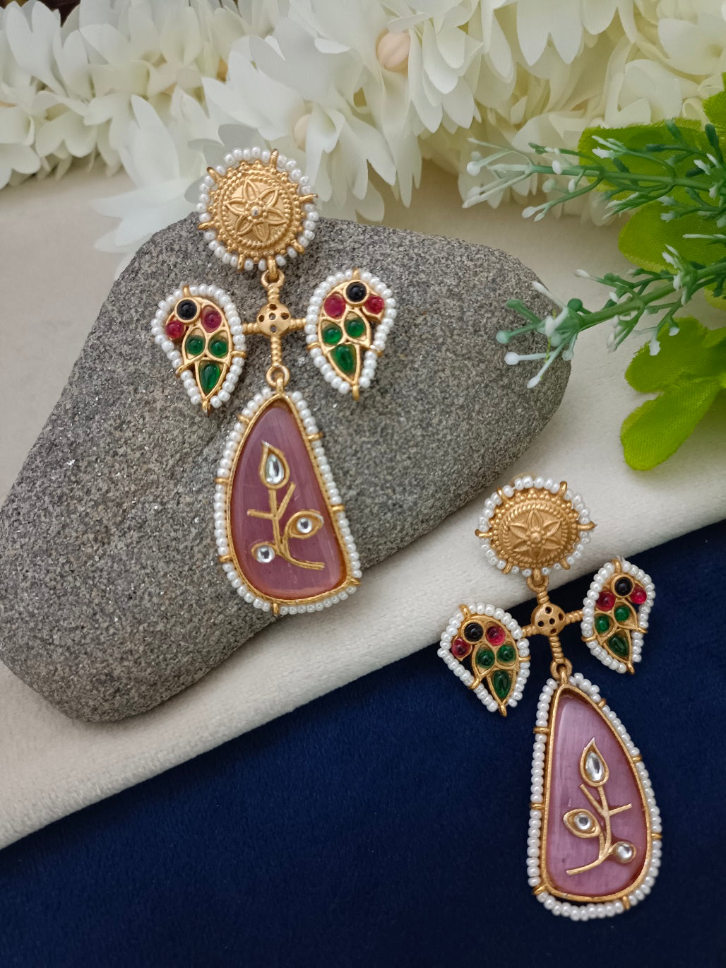 Gold-Toned Kundan Studded Peacock Floral Kashmiri Drop Earrings