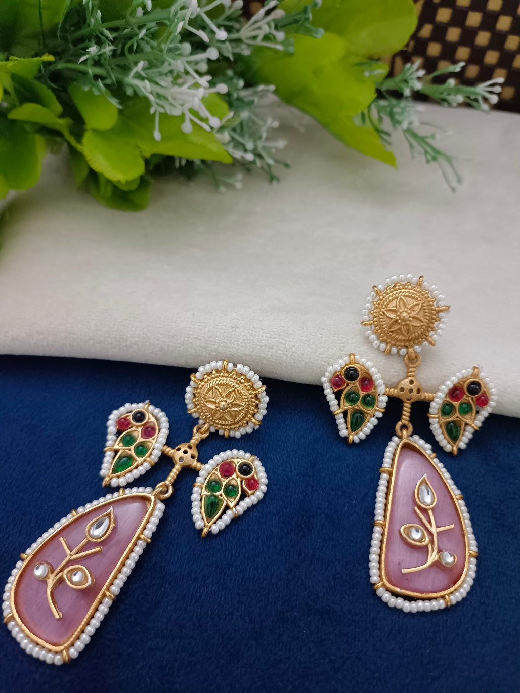 Gold-Toned Kundan Studded Peacock Floral Kashmiri Drop Earrings
