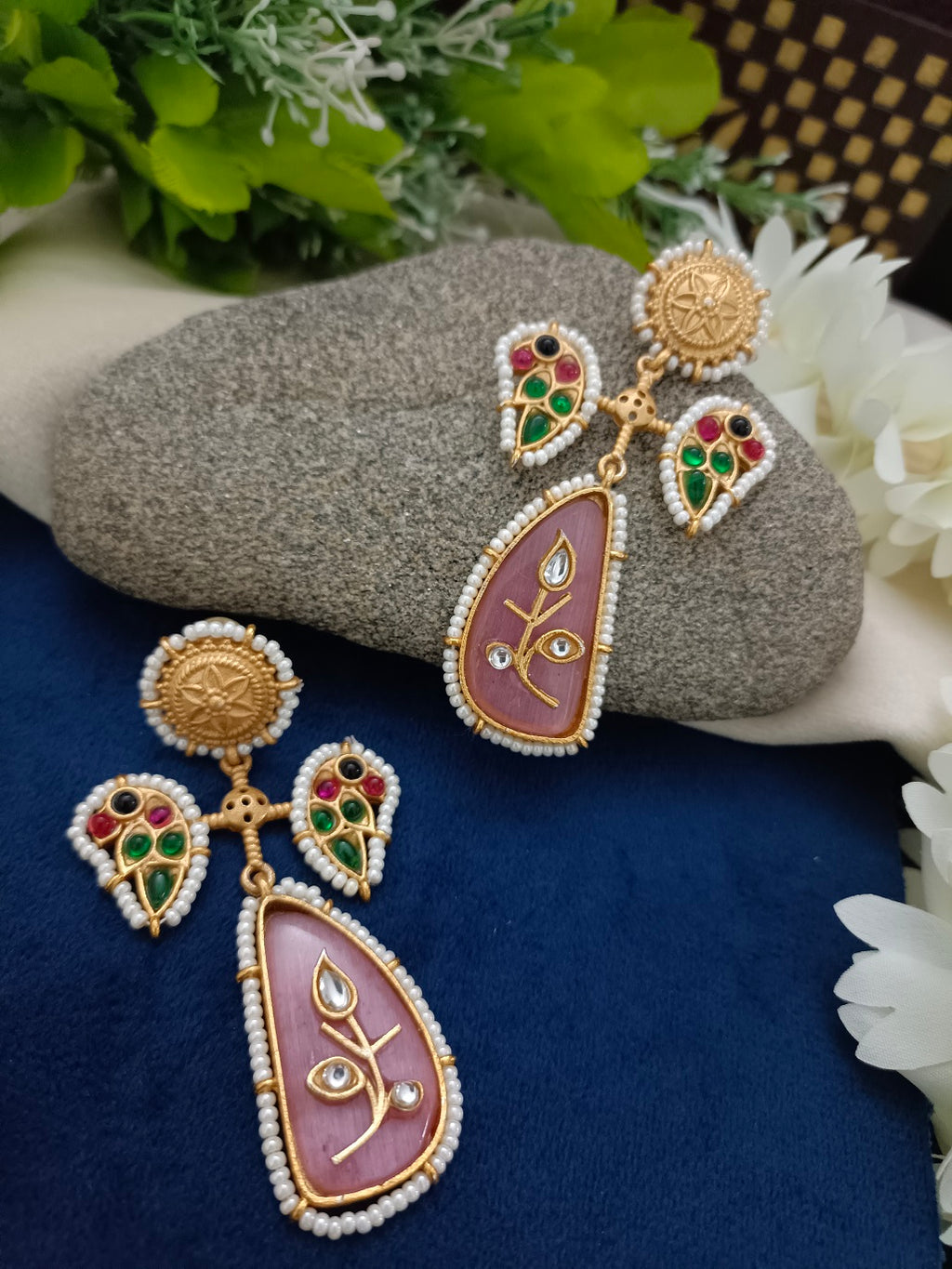 Gold-Toned Kundan Studded Peacock Floral Kashmiri Drop Earrings