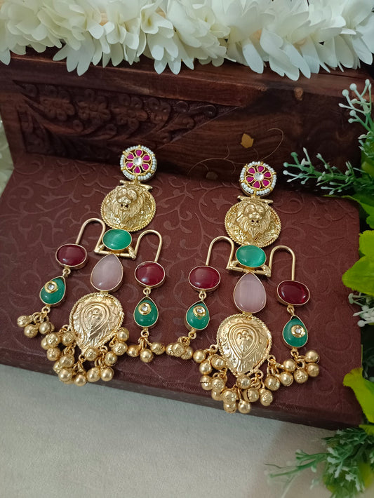 Gold Pachi Kundan Geometric Ghungroo Kashmiri Earrings