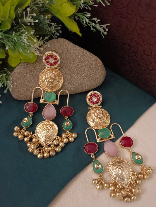 Gold Pachi Kundan Geometric Ghungroo Kashmiri Earrings