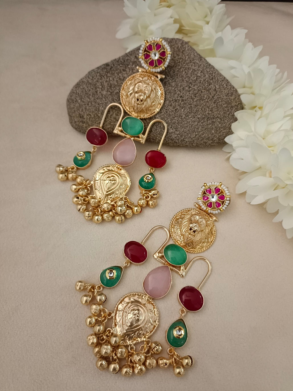 Gold Pachi Kundan Geometric Ghungroo Kashmiri Earrings