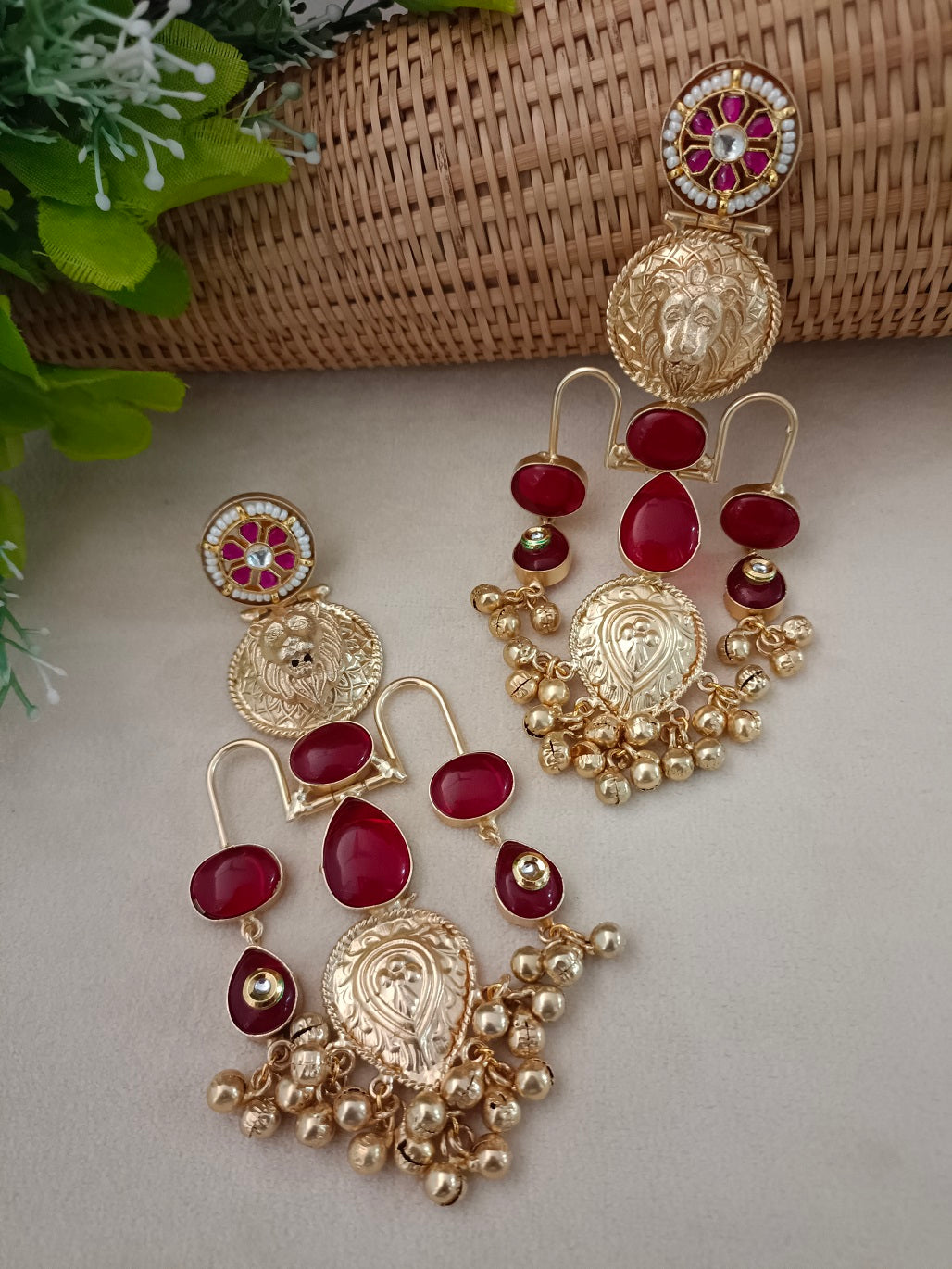 Gold Pachi Kundan Ghungroo Tiger Design Kashmiri Brass Plated Earrings