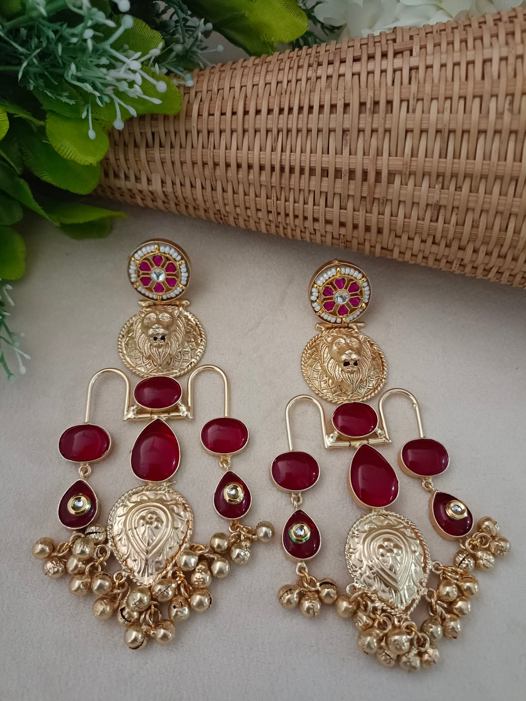 Gold Pachi Kundan Ghungroo Tiger Design Kashmiri Brass Plated Earrings