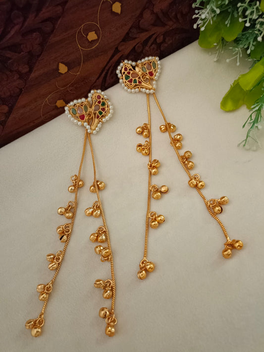 Gold Kundan Heart Kashmiri Drop Earrings With Ear Chains