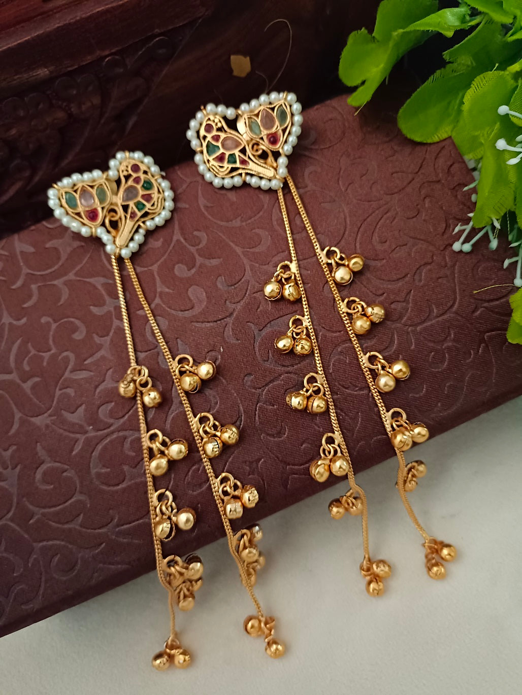 Gold Kundan Heart Kashmiri Drop Earrings With Ear Chains