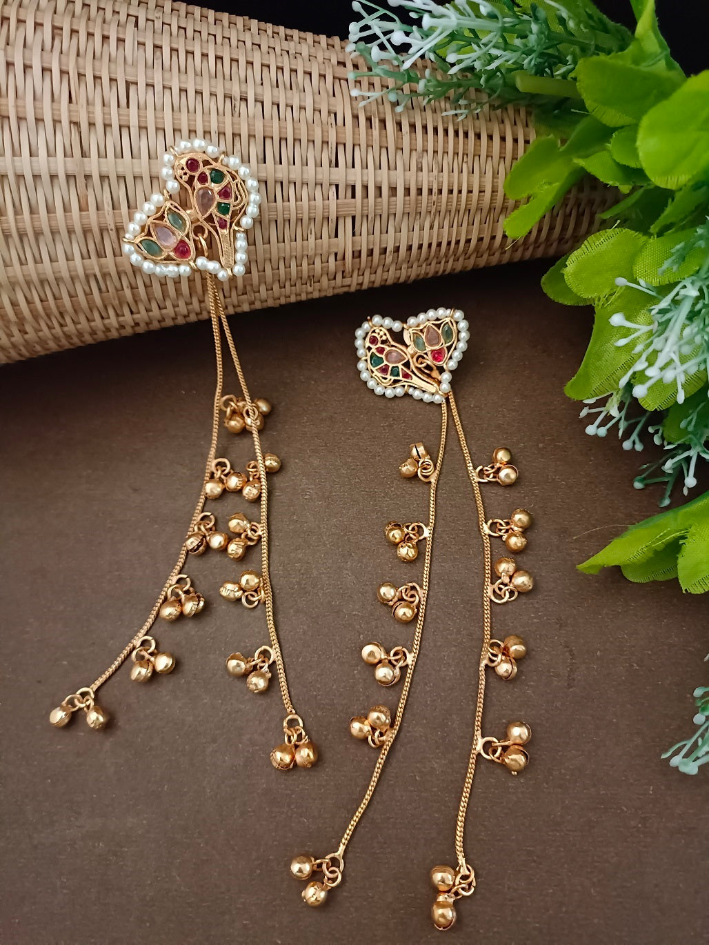 Gold Kundan Heart Kashmiri Drop Earrings With Ear Chains