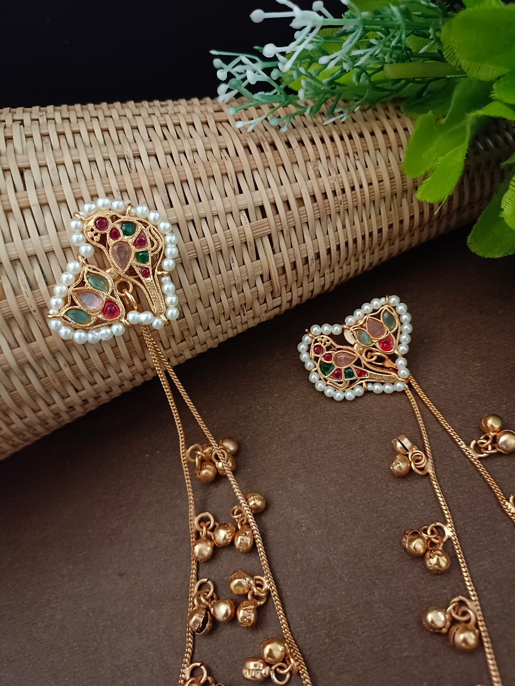 Gold Kundan Heart Kashmiri Drop Earrings With Ear Chains