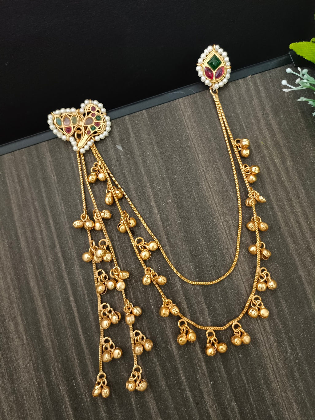 Gold Kundan Heart Kashmiri Drop Earrings With Ear Chains