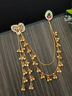 Gold Kundan Heart Kashmiri Drop Earrings With Ear Chains
