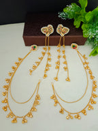 Gold Kundan Heart Kashmiri Drop Earrings With Ear Chains