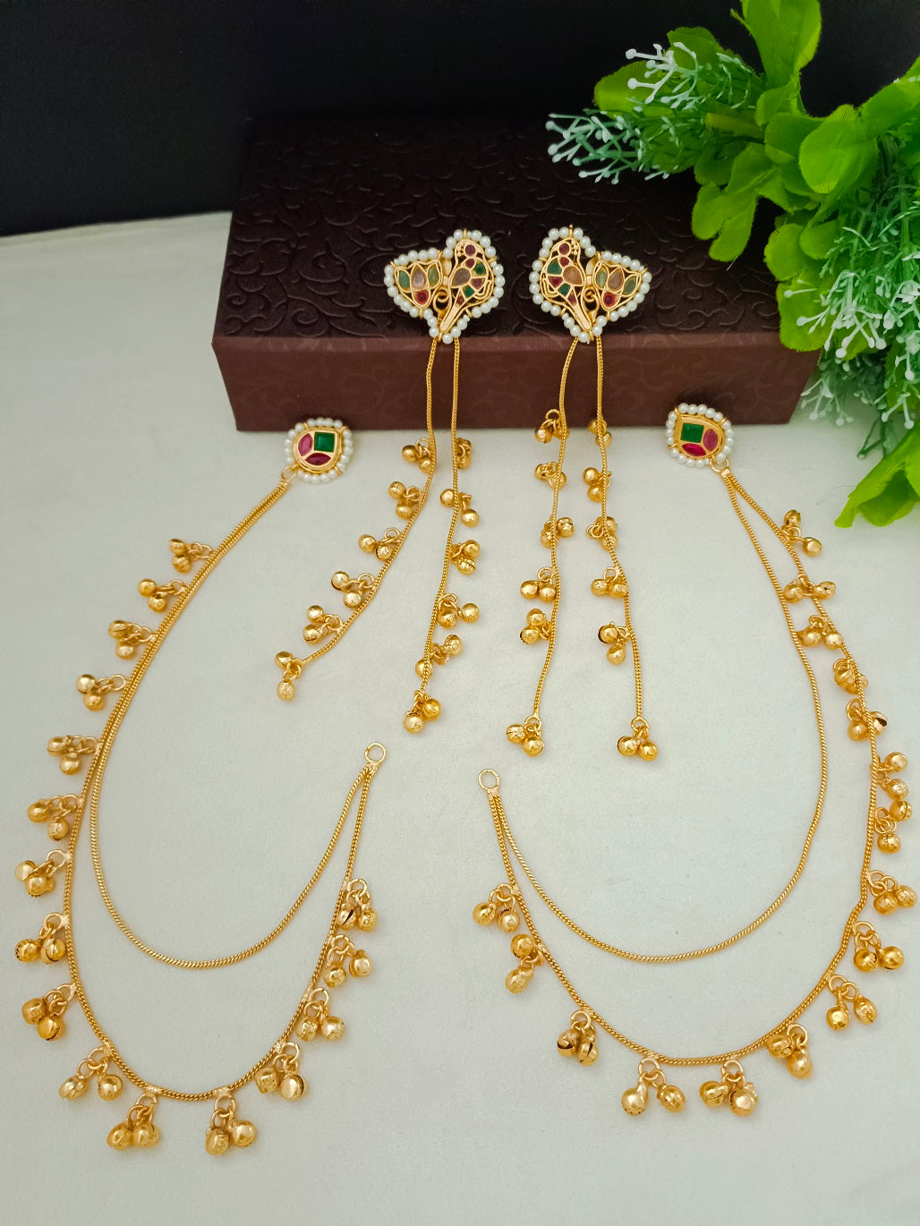 Gold Kundan Heart Kashmiri Drop Earrings With Ear Chains