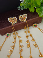 Gold Kundan Heart Kashmiri Drop Earrings With Ear Chains