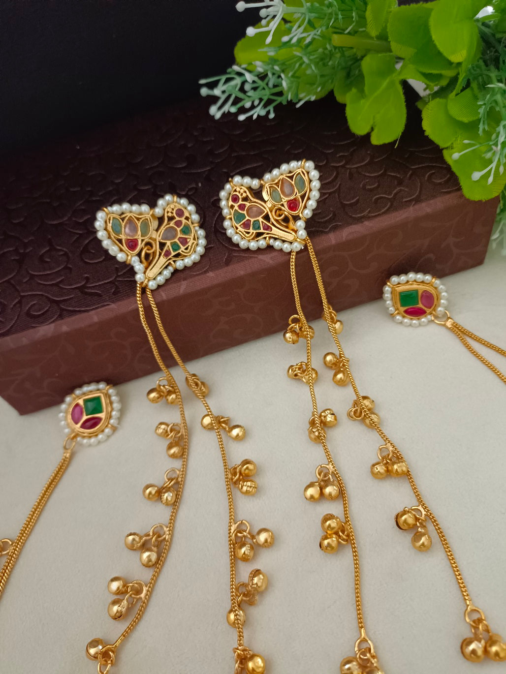 Gold Kundan Heart Kashmiri Drop Earrings With Ear Chains
