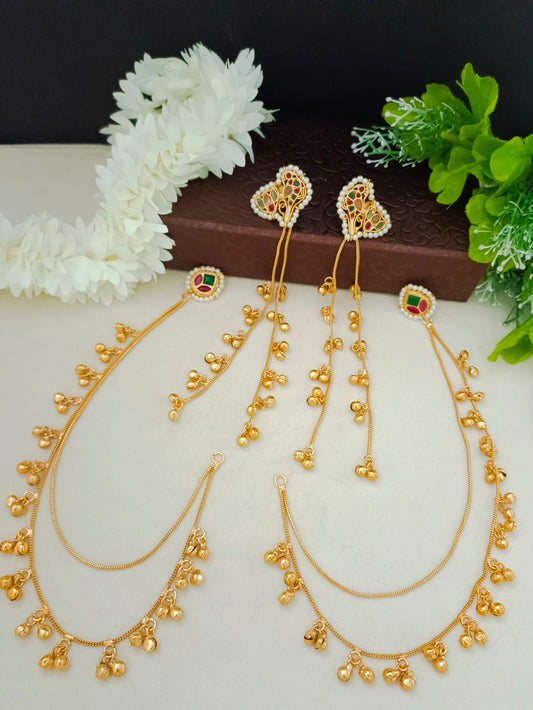 Gold Kundan Heart Kashmiri Drop Earrings With Ear Chains