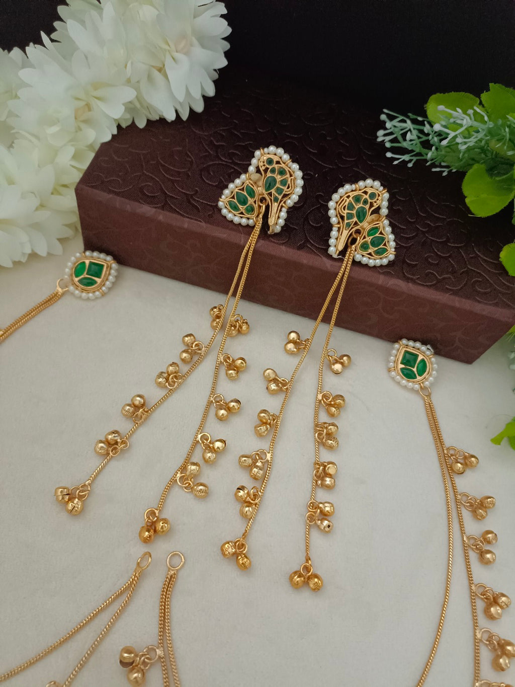 Gold Kundan Peacock Kashmiri Drop Earrings With Ear Chains