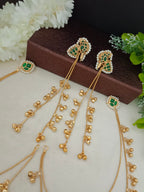 Gold Kundan Peacock Kashmiri Drop Earrings With Ear Chains