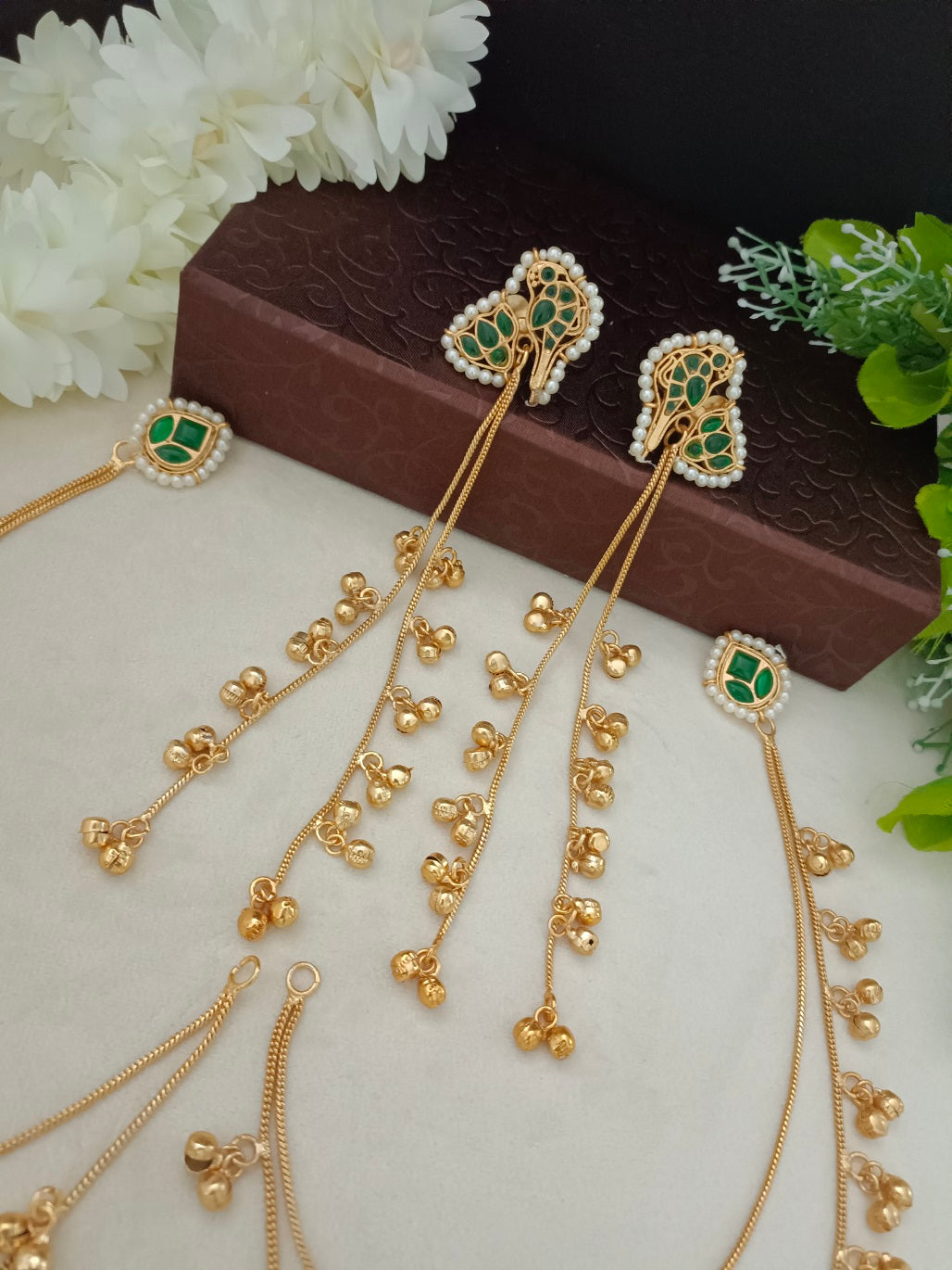Gold Kundan Peacock Kashmiri Drop Earrings With Ear Chains