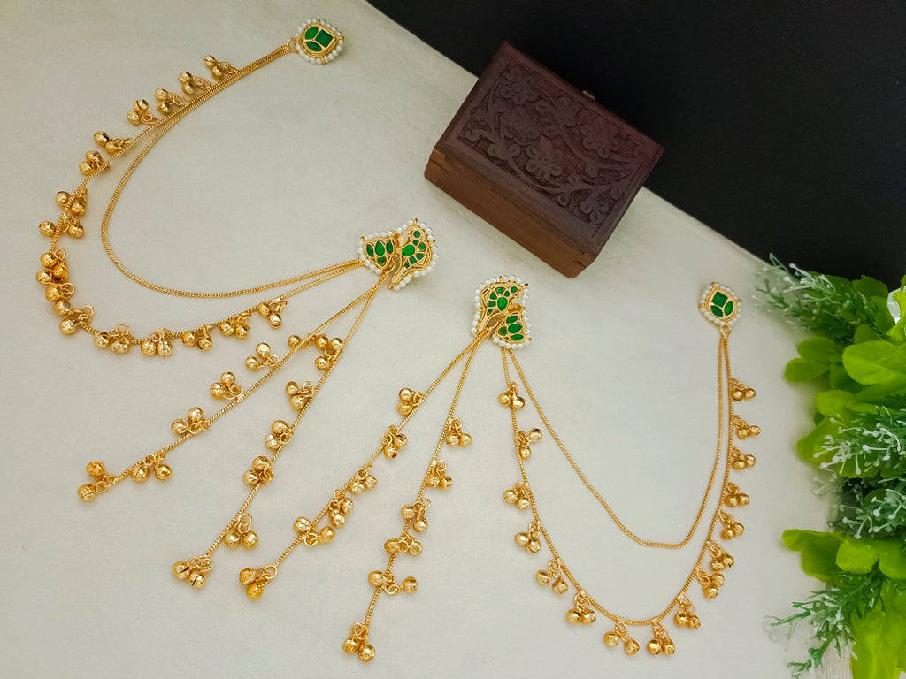 Gold Kundan Peacock Kashmiri Drop Earrings With Ear Chains