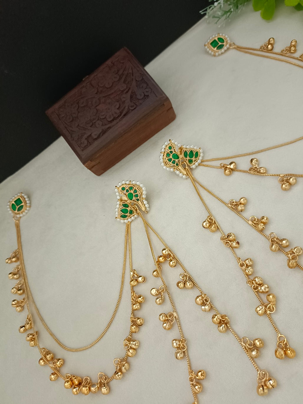 Gold Kundan Peacock Kashmiri Drop Earrings With Ear Chains