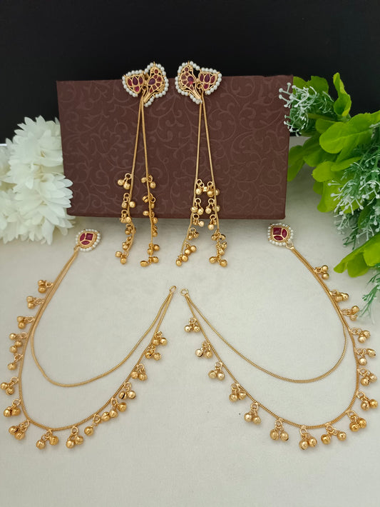Gold Kundan Peacock Kashmiri Drop Earrings With Ear Chains
