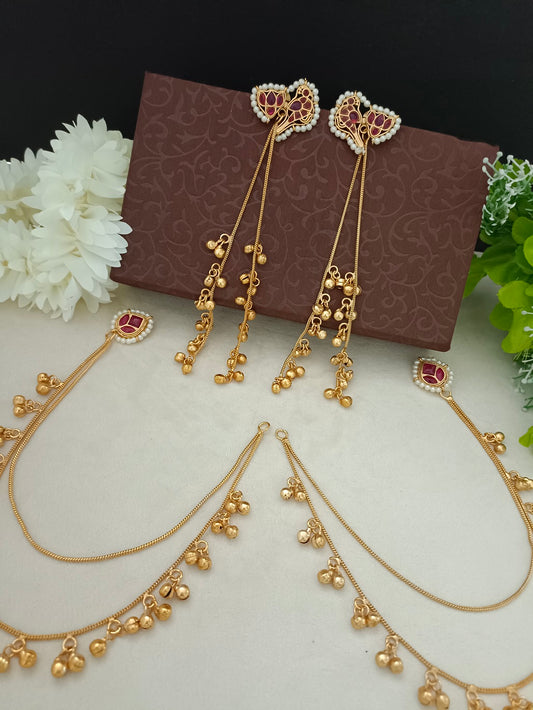 Gold Kundan Peacock Kashmiri Drop Earrings With Ear Chains