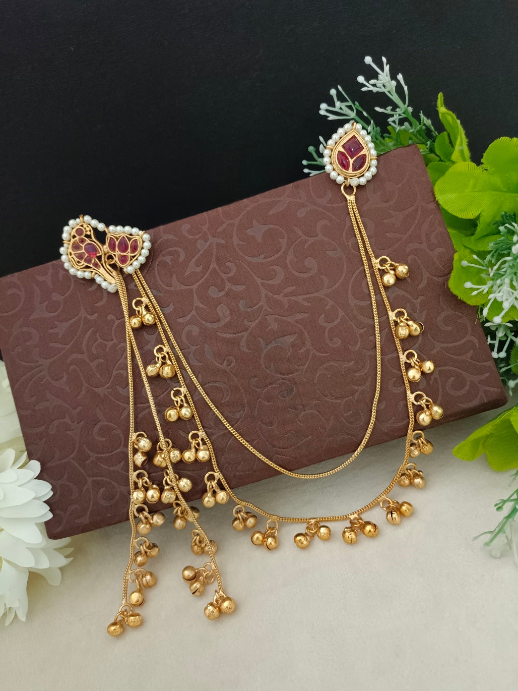 Gold Kundan Peacock Kashmiri Drop Earrings With Ear Chains