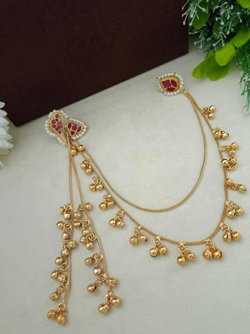 Gold Kundan Peacock Kashmiri Drop Earrings With Ear Chains