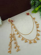 Gold Kundan Peacock Kashmiri Drop Earrings With Ear Chains