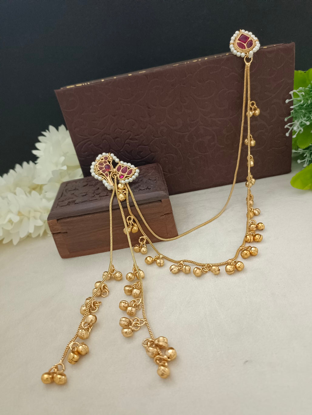 Gold Kundan Peacock Kashmiri Drop Earrings With Ear Chains