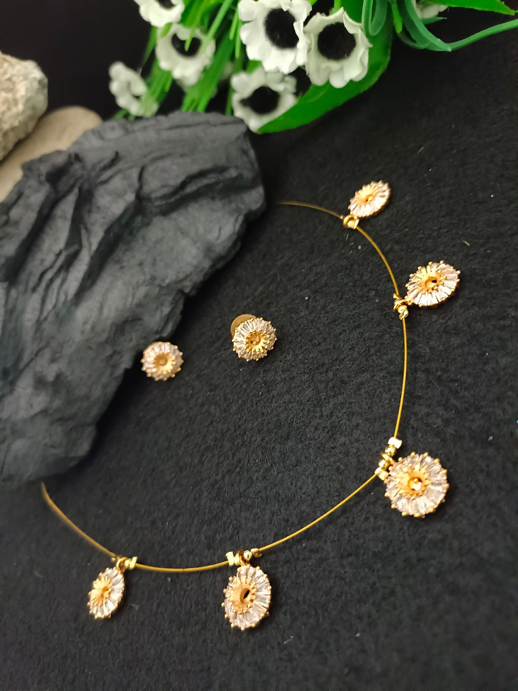 Cubic Zirconia Studded Jewellery Set: Gold-Toned Necklace & Earrings | Brass-Plated Lobster Clasp