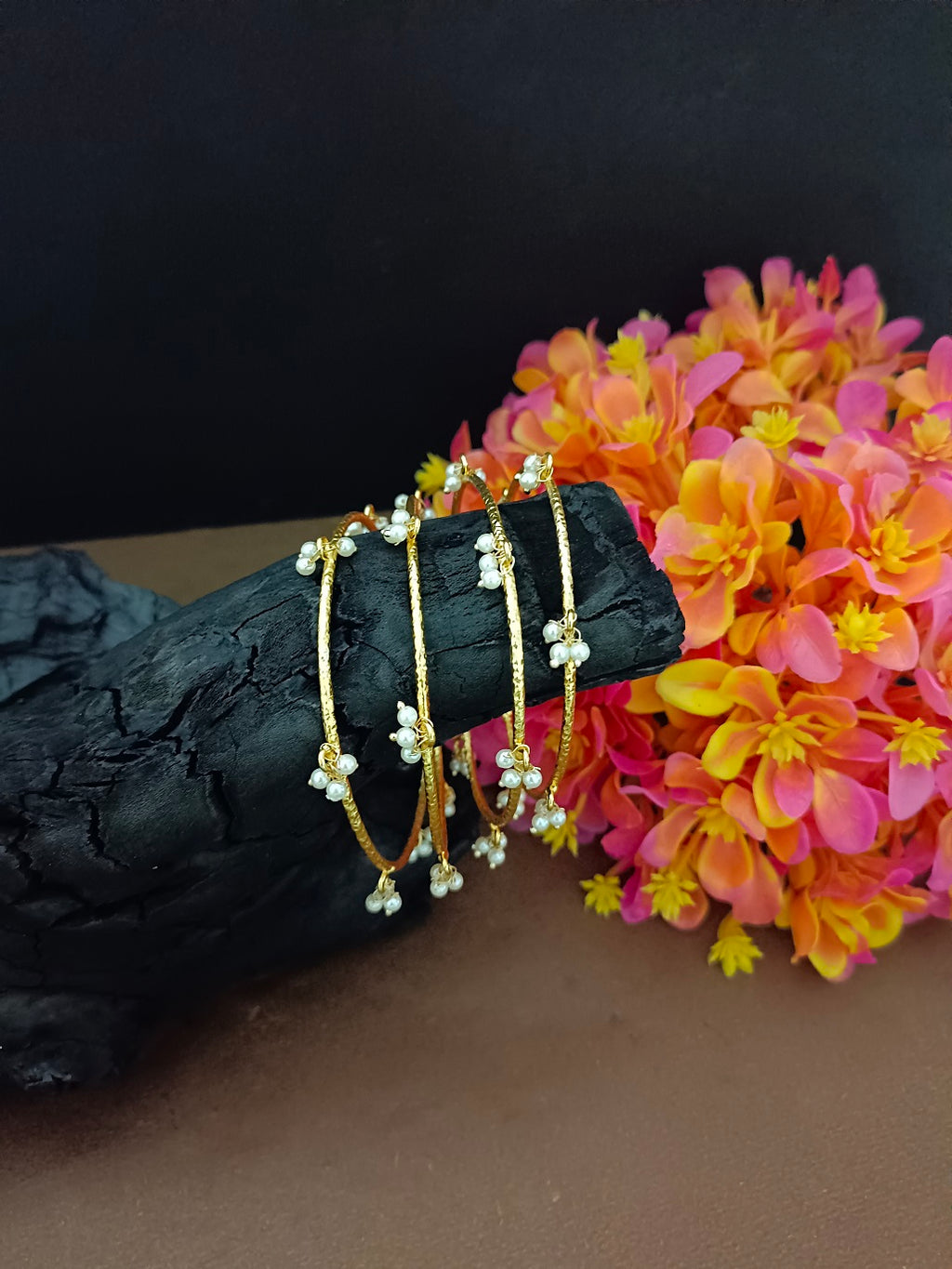 Set Of 4 Pearls Studded Gold-Plated Lightweighted Adjustable Bangle-Style Cuff Bracelet