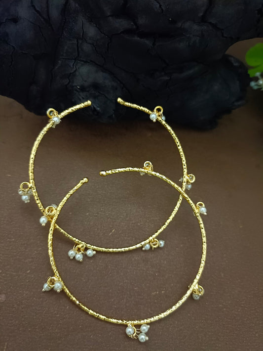 Set Of 2 Pearls Studded Gold-Plated Lightweighted Adjustable Bangle-Style Cuff Bracelet