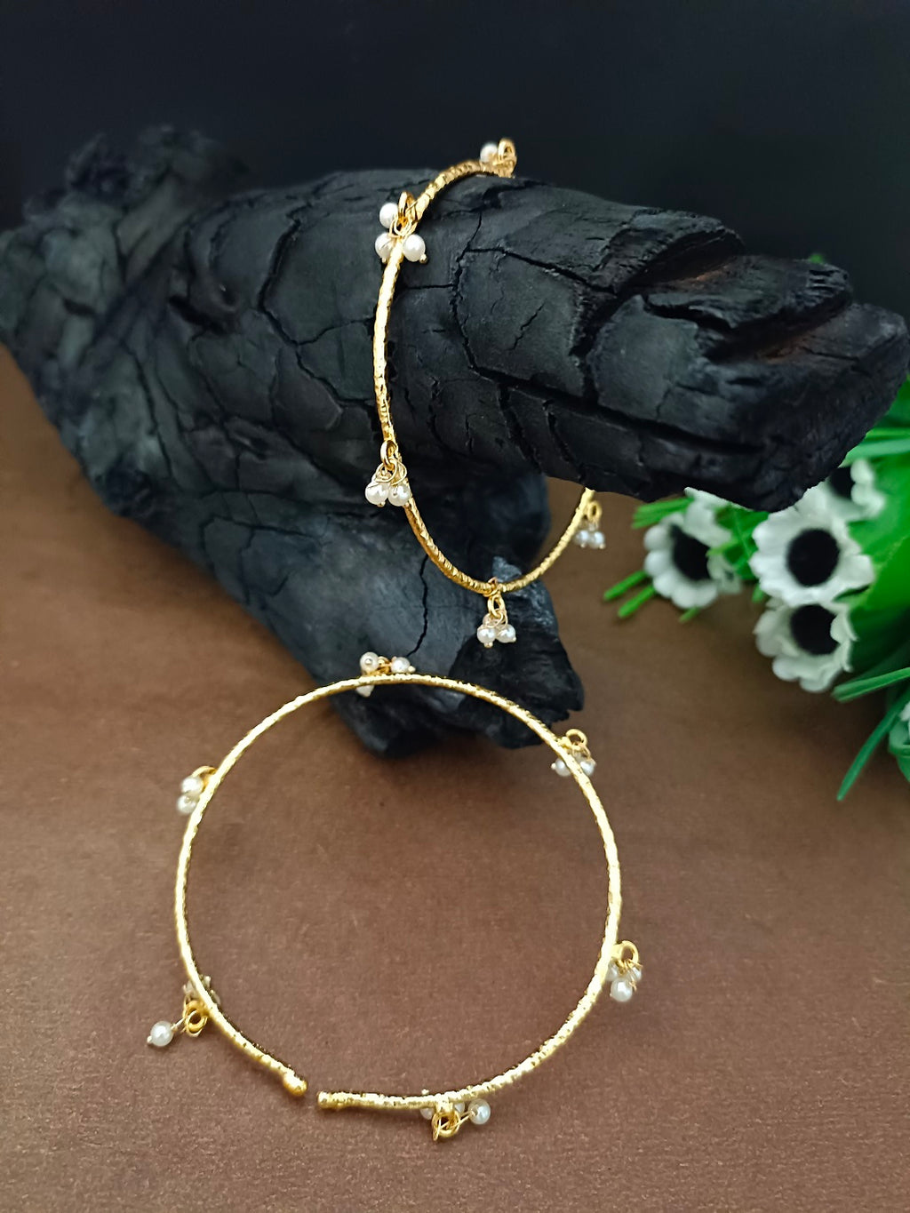 Set Of 2 Pearls Studded Gold-Plated Lightweighted Adjustable Bangle-Style Cuff Bracelet