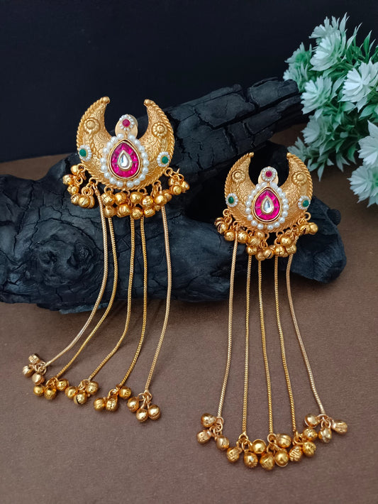 Gold Plated Pachi Kundan & Ghungaroo Bedded Kashmiri Crescent Shaped Drop Earrings