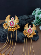 Gold Plated Pachi Kundan & Ghungaroo Bedded Kashmiri Crescent Shaped Drop Earrings