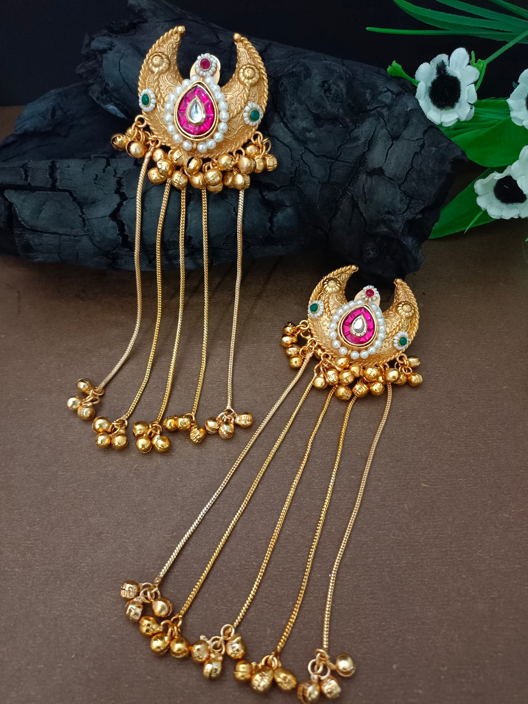 Gold Plated Pachi Kundan & Ghungaroo Bedded Kashmiri Crescent Shaped Drop Earrings