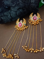 Gold Plated Pachi Kundan & Ghungaroo Bedded Kashmiri Crescent Shaped Drop Earrings