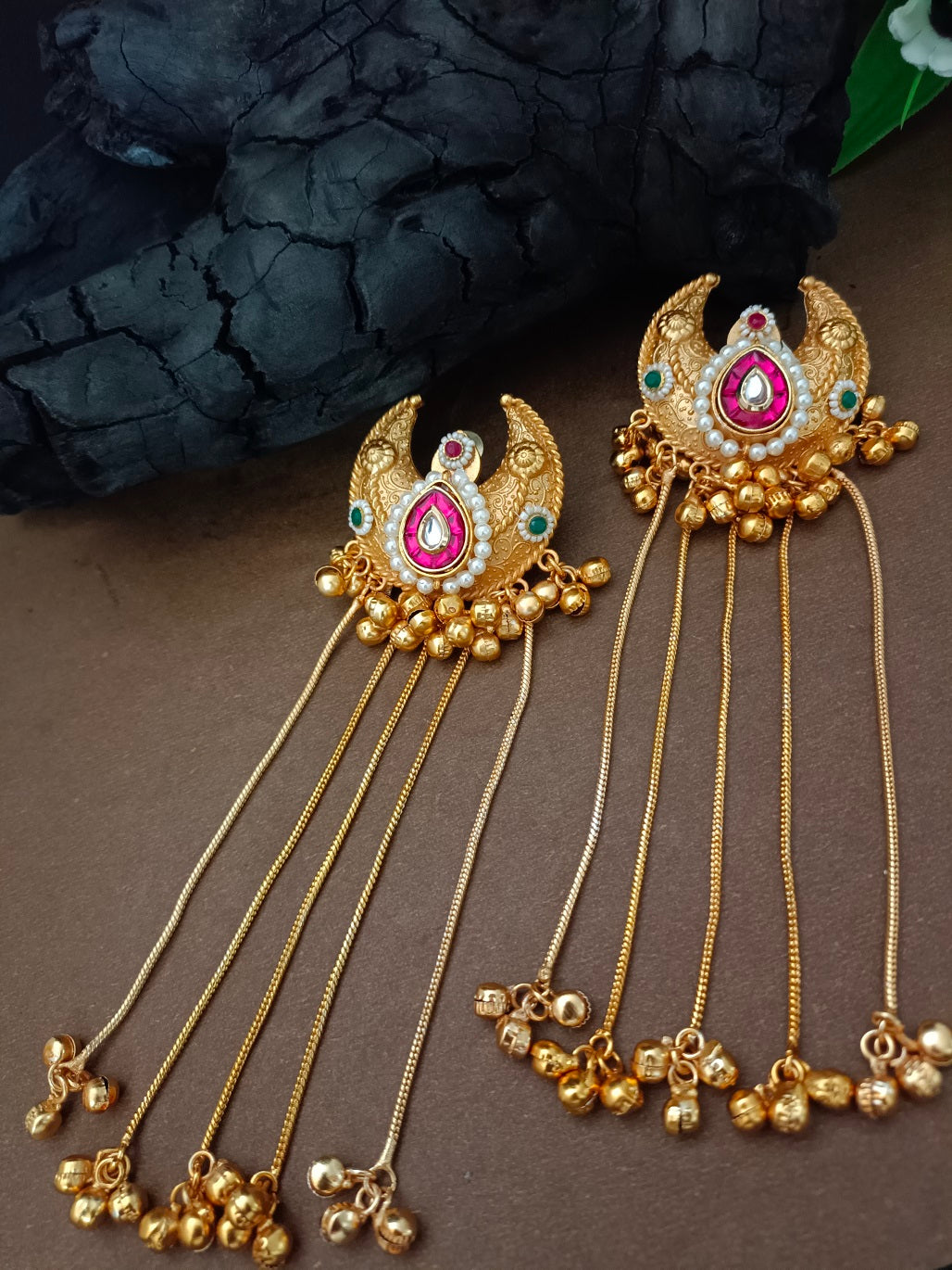 Gold Plated Pachi Kundan & Ghungaroo Bedded Kashmiri Crescent Shaped Drop Earrings