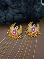 Gold Plated Pachi Kundan & Ghungaroo Bedded Kashmiri Crescent Shaped Drop Earrings