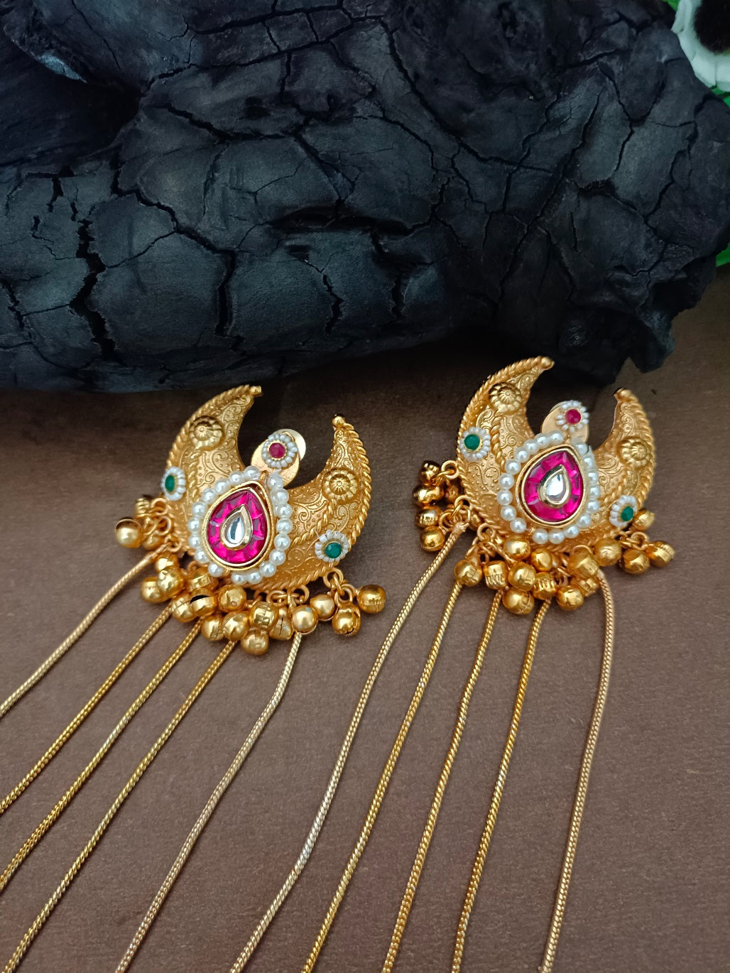 Gold Plated Pachi Kundan & Ghungaroo Bedded Kashmiri Crescent Shaped Drop Earrings