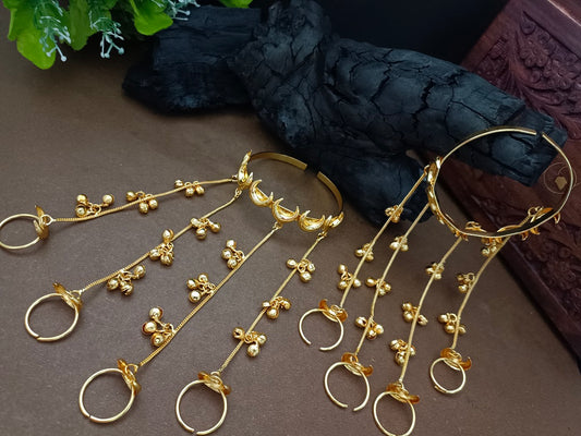 Women 2 Brass Handcrafted Gold-Plated Hathphool Panja Multi Ring moon Bracelet