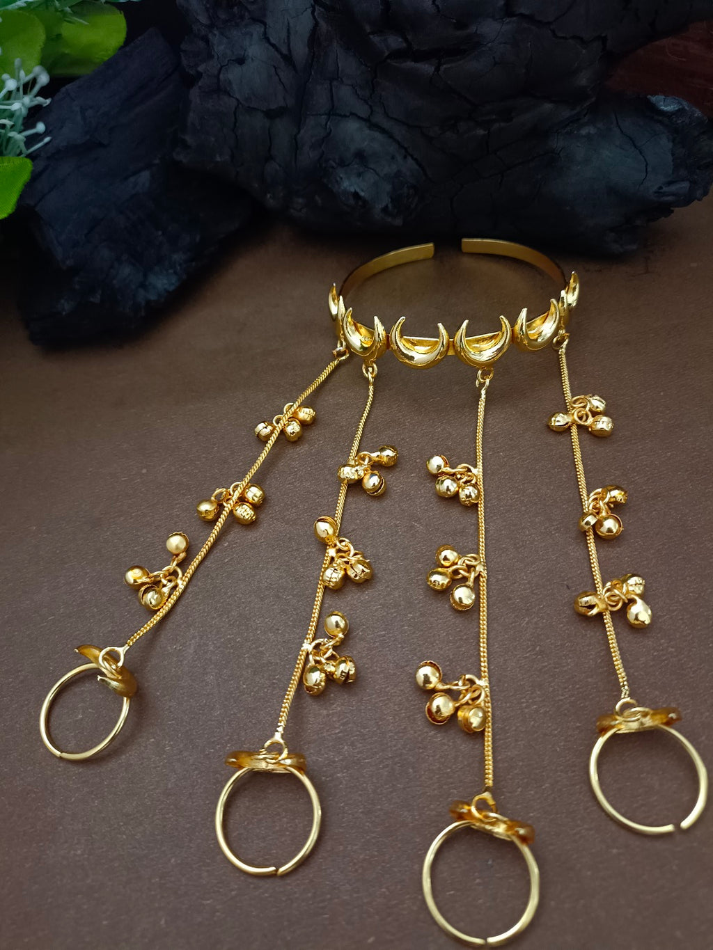 Women 2 Brass Handcrafted Gold-Plated Hathphool Panja Multi Ring moon Bracelet