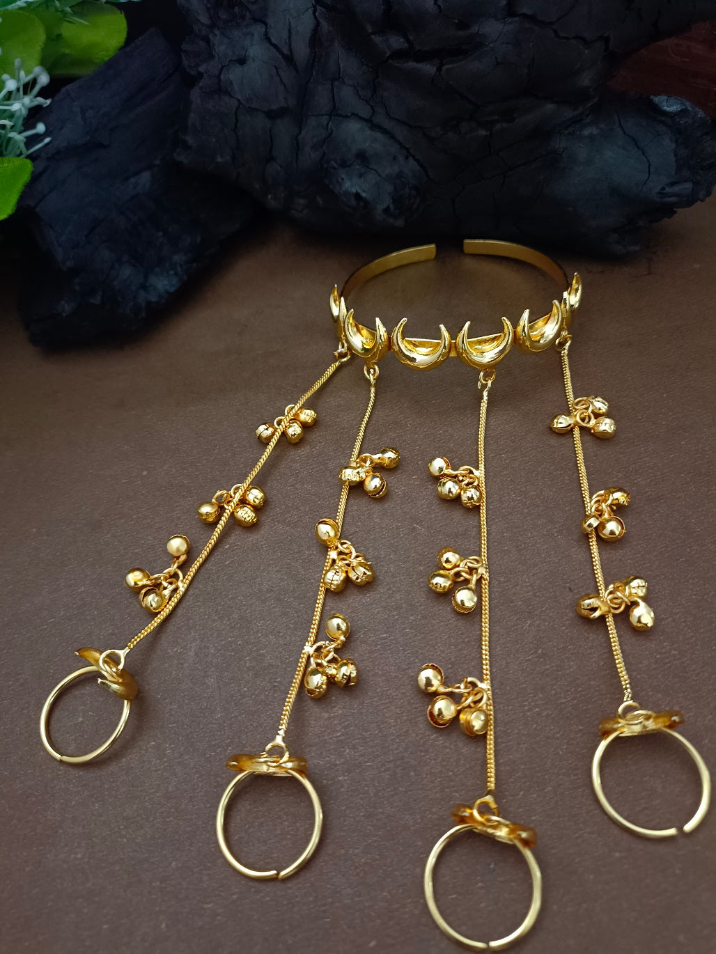 Women 2 Brass Handcrafted Gold-Plated Hathphool Panja Multi Ring moon Bracelet