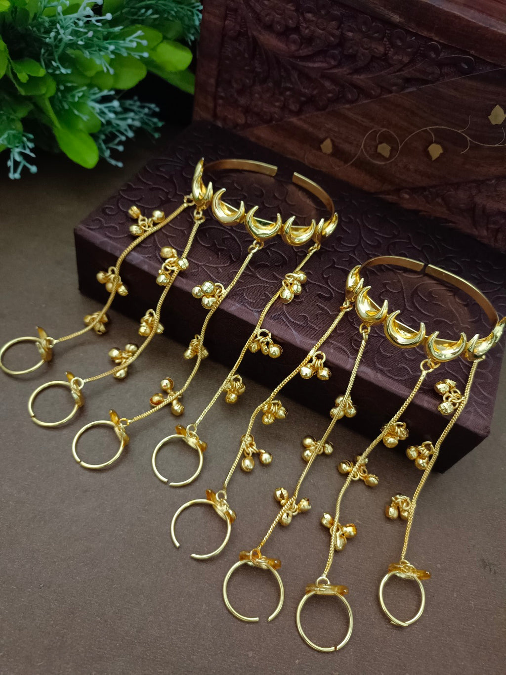 Women 2 Brass Handcrafted Gold-Plated Hathphool Panja Multi Ring moon Bracelet