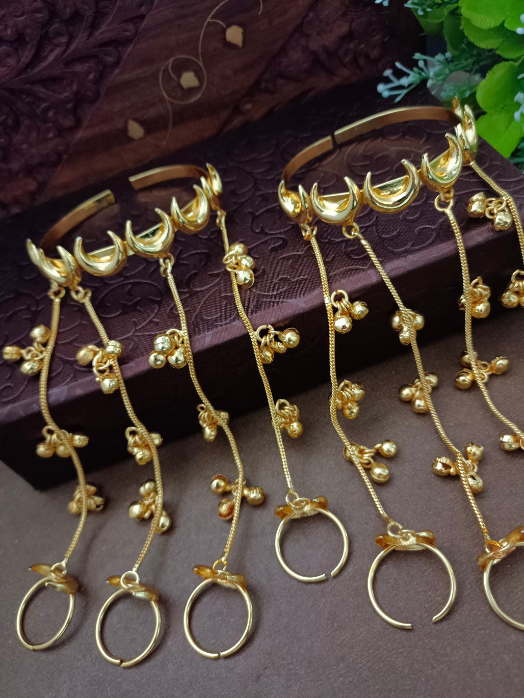 Women 2 Brass Handcrafted Gold-Plated Hathphool Panja Multi Ring moon Bracelet