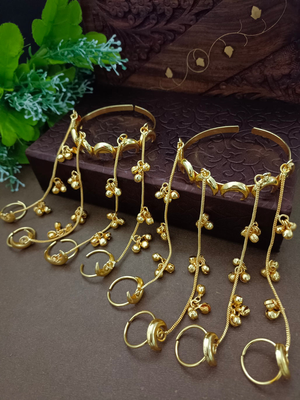 Women 2 Brass Handcrafted Gold-Plated Hathphool Panja Multi Ring moon Bracelet